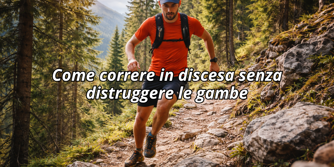 Trail runner in discesa su sentiero di montagna tra rocce e bosco, mentre affronta un tratto tecnico, rappresentando la tecnica di corsa per proteggere le gambe nelle discese.
