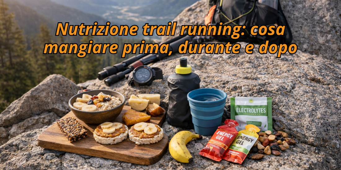 Alimenti e integrazione per trail running disposti su una roccia in montagna: cereali, banana, barrette, gel energetici, elettroliti e borraccia, a rappresentare cosa mangiare prima, durante e dopo la corsa.
