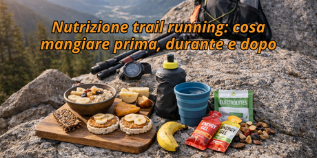 Alimenti e integrazione per trail running disposti su una roccia in montagna: cereali, banana, barrette, gel energetici, elettroliti e borraccia, a rappresentare cosa mangiare prima, durante e dopo la corsa.