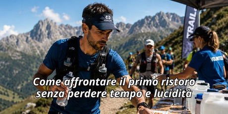 Trail runner durante un ristoro in montagna mentre prende acqua e alimentazione prima di ripartire